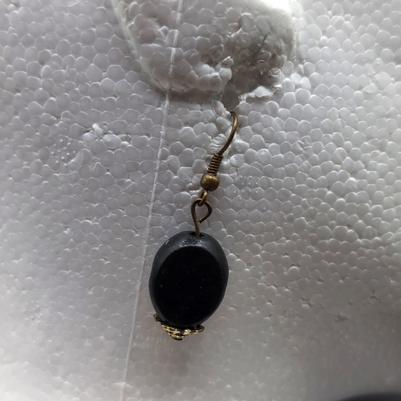 Gold Toned Drop Dangle Earrings With Black Wooden Beaded Focus - Picture 1 of 8